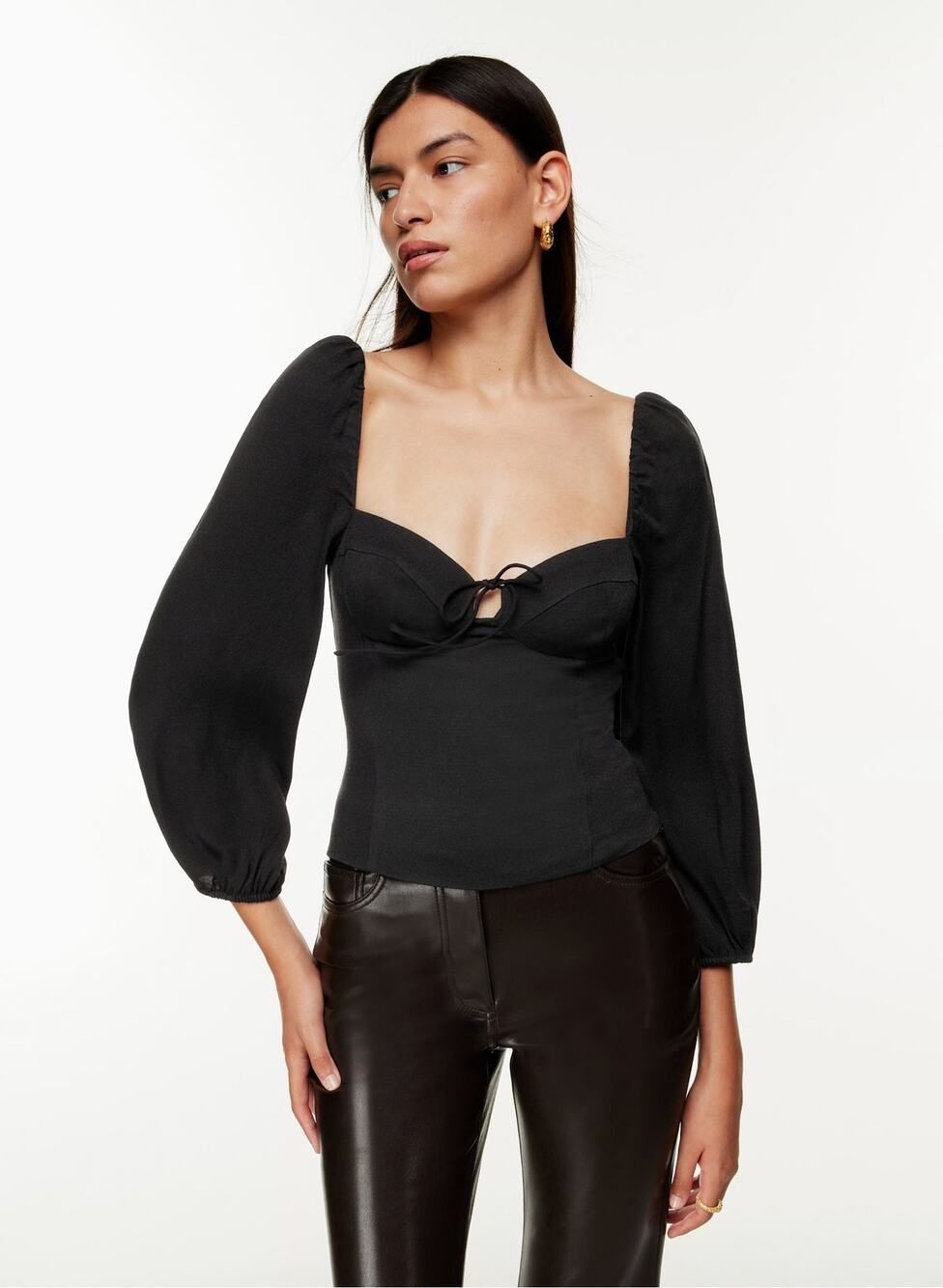 Aritzia Wilfred Black Novella Sweetheart Neckline Puff Sleeve Blouse XS